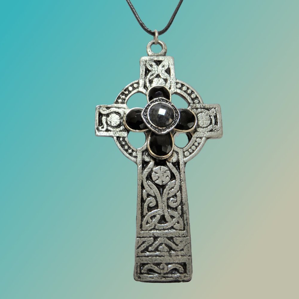 Silver and Black Celtic Cross Pendant Rustic Cross Necklace........726